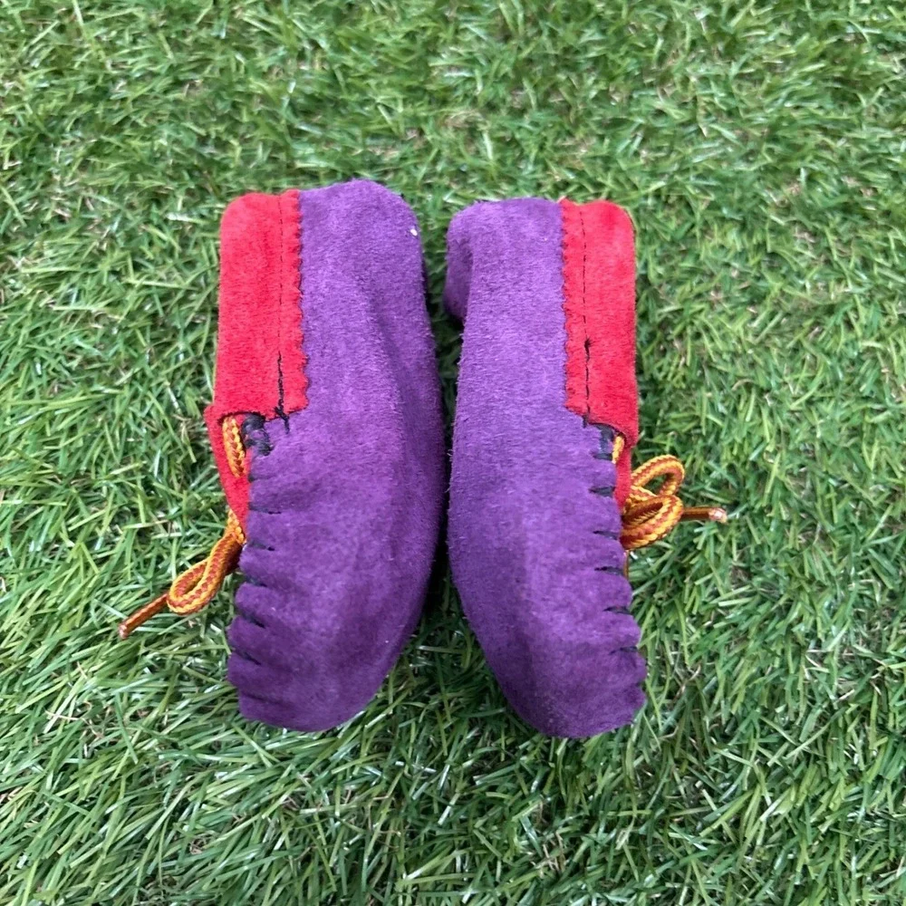 Unbranded Moccasin Slippers Kids Size 0-6 mo Red‎ Purple Beaded Suede Excellent